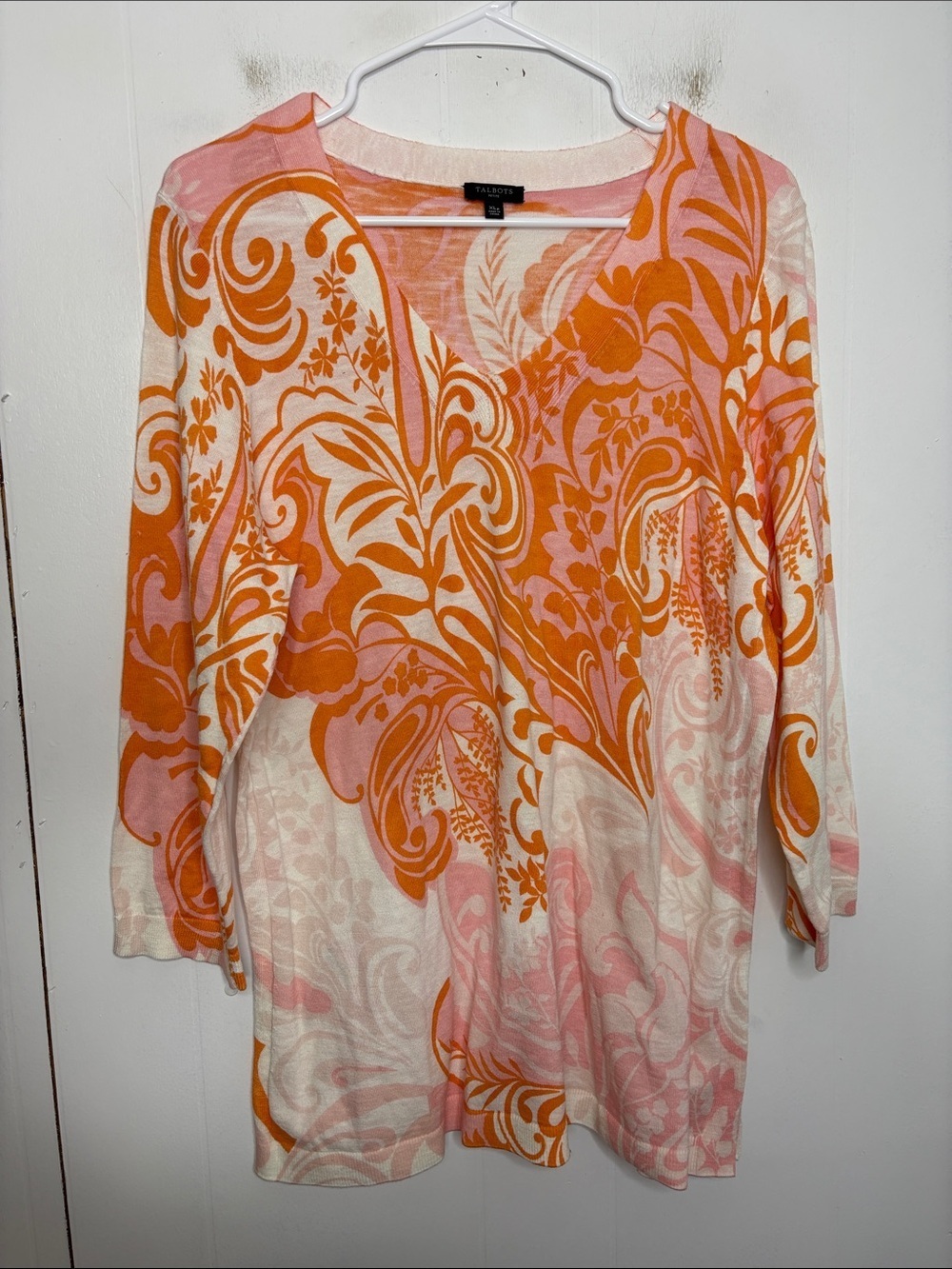 Talbots Sweater Womens XL Petite Lightweight Cotton V Neck Paisley Transition